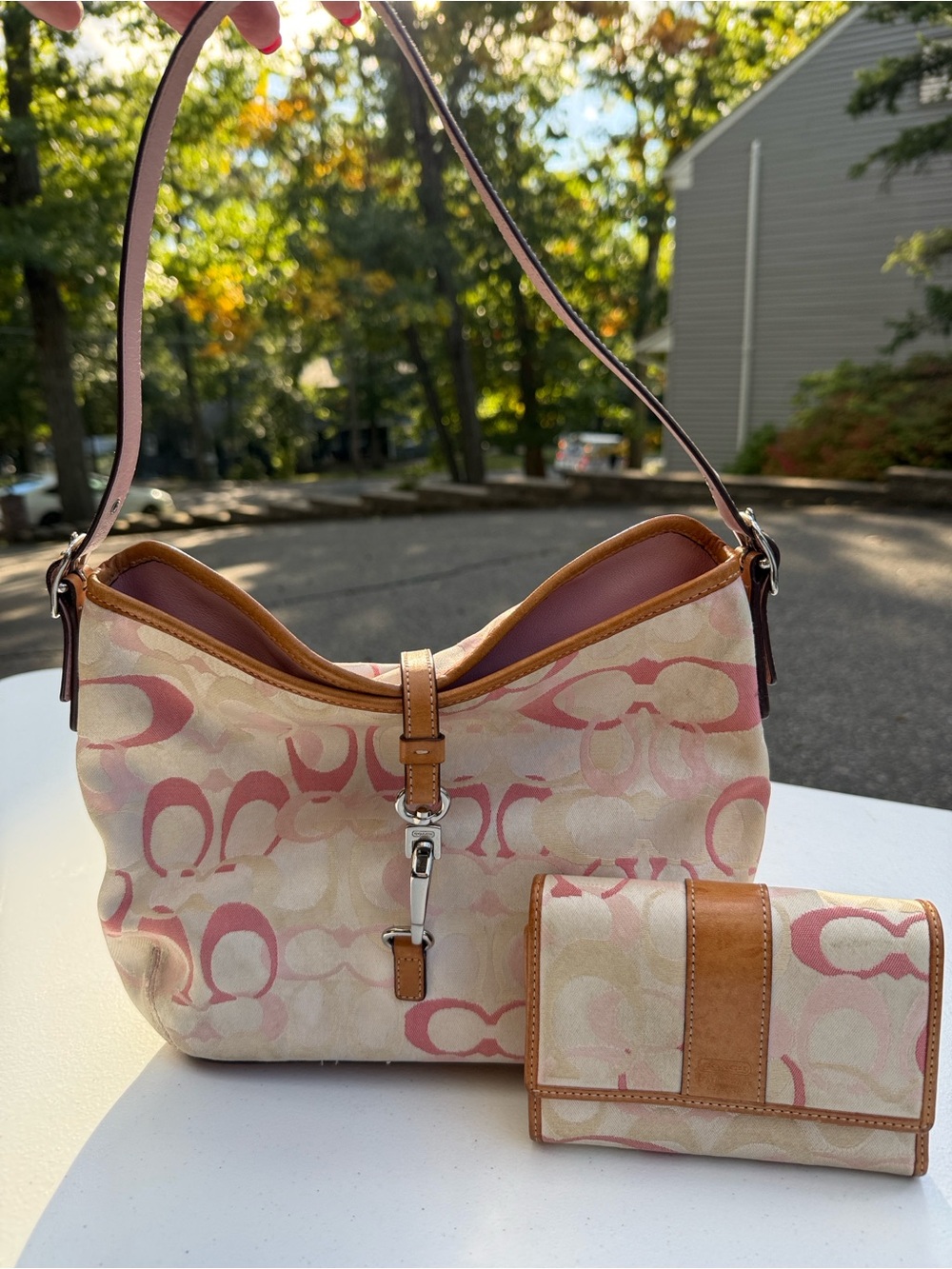 Coach Hampton Pink and Tan Signature Canvas Shoulder Bag with matching Wallet